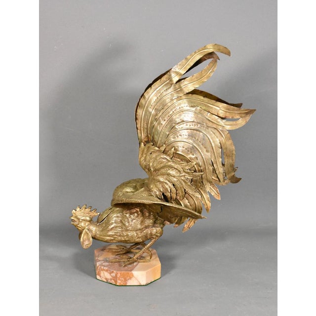 Large French Brass Cockerel Rooster An impressive large French brass cockerel stands in a fighting pose with its wings...