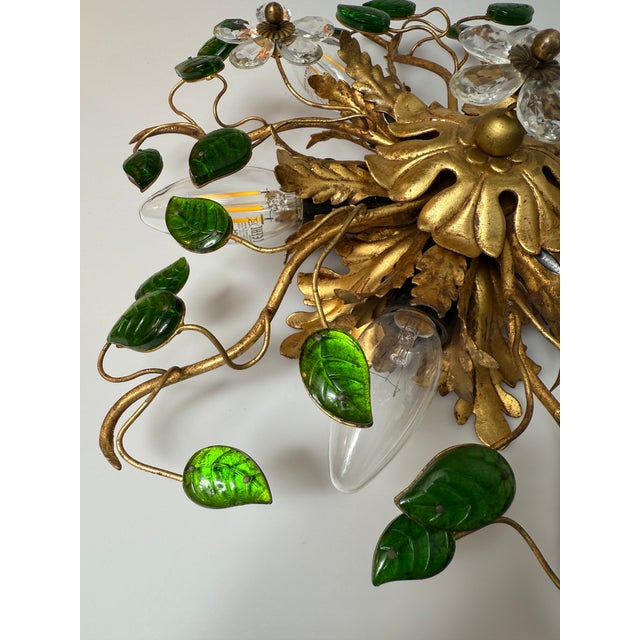 1960s Ceiling or Wall Lamp in Gilded Metal with Murano Glass Leaves and Flowers from Banci Firenze, Italy, 1960s For Sale - Image 5 of 8