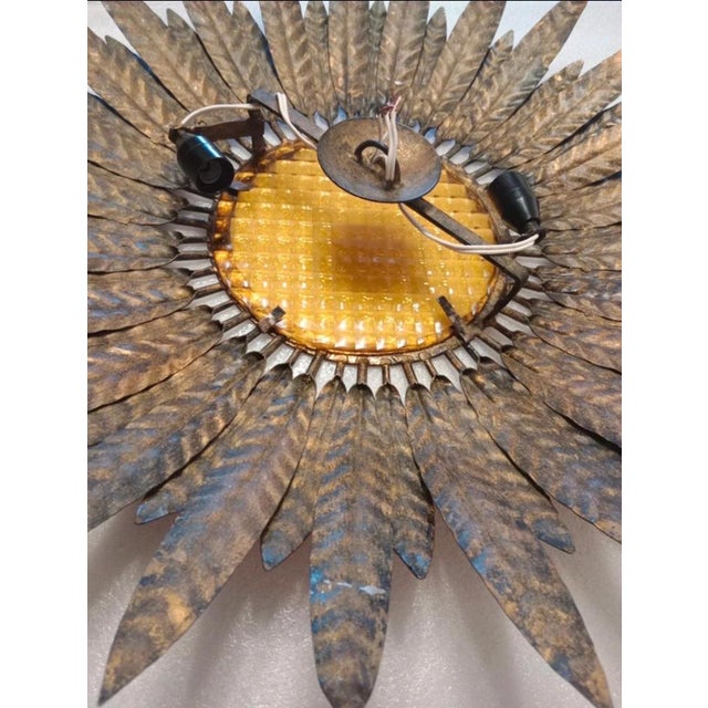 Metal Large Spanish Crown Sunburst Fixture in Gilt Metal Curve Glass, 1950 For Sale - Image 7 of 8