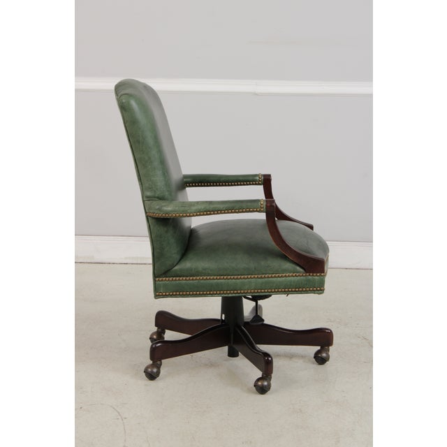 Vintage Green Leather Mahogany Swivel Desk Chair For Sale - Image 4 of 13