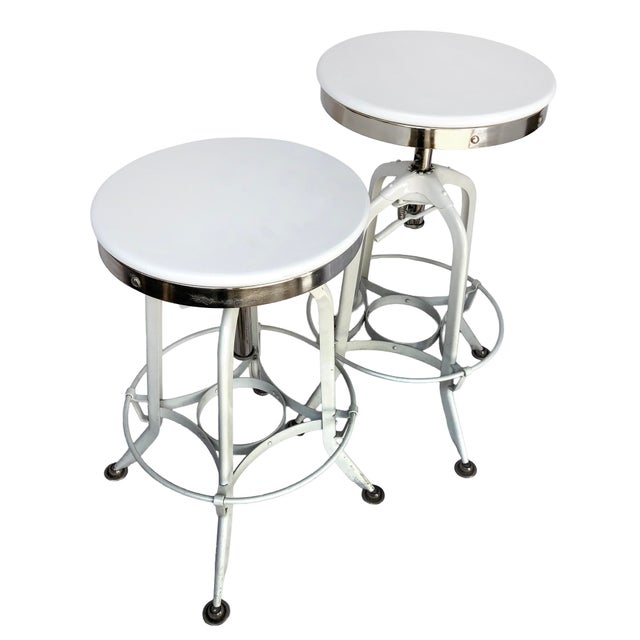Pr. Of Vintage Restoration Hardward Adjustable White Bar Stools For Sale - Image 12 of 13
