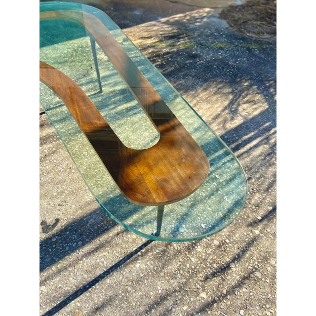 Wood Rare Boomerang Coffee Table With Thick Glass Top + Tall Brass Legs | Mid Century Modern For Sale - Image 7 of 13