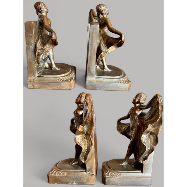 Metal Antique Art Deco Flapper Girl Spelter Bookends-Loie Fuller-Bronze Finish-Pair For Sale - Image 7 of 11