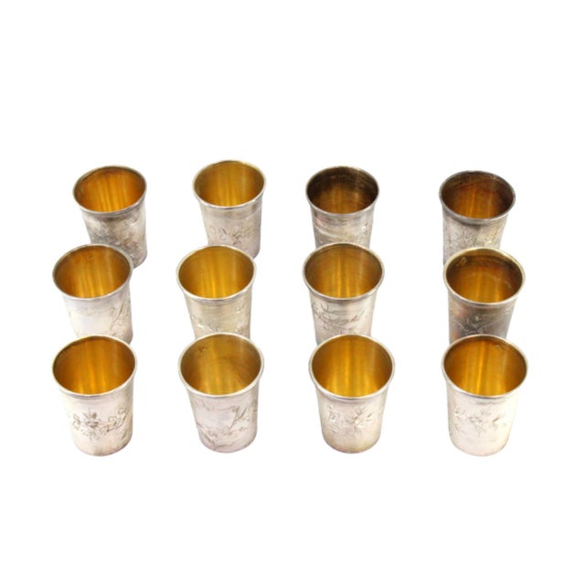 Metal Silver Vodka Glasses with Floral Reliefs, Set of 12 For Sale - Image 7 of 7
