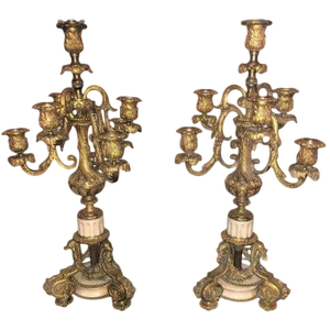 19th Century Doré Bronze 7-Light Marble Base Candelabras Mounted as Lamp - a Pair