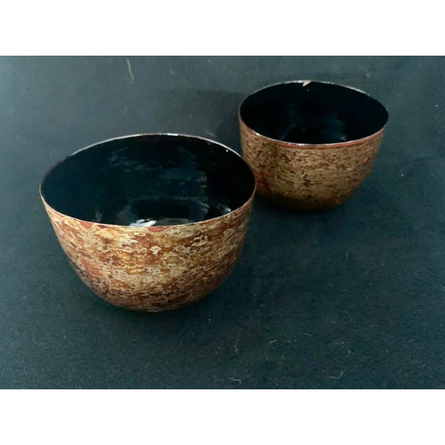 Mid 20th Century Vintage Burmese Lacquerware Nesting Cups Bowls Pair Weathered Red Patina 4" For Sale - Image 5 of 6