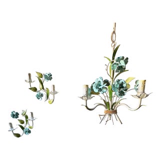 Italian Hand-Painted Tole Floral Chandelier with Matching Wall Sconces, 1960s, Set of 3 For Sale