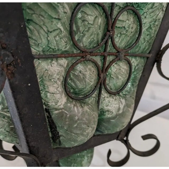 Gothic Spanish Revival Wrought Iron & Green Glass Hanging Lantern For Sale - Image 4 of 10
