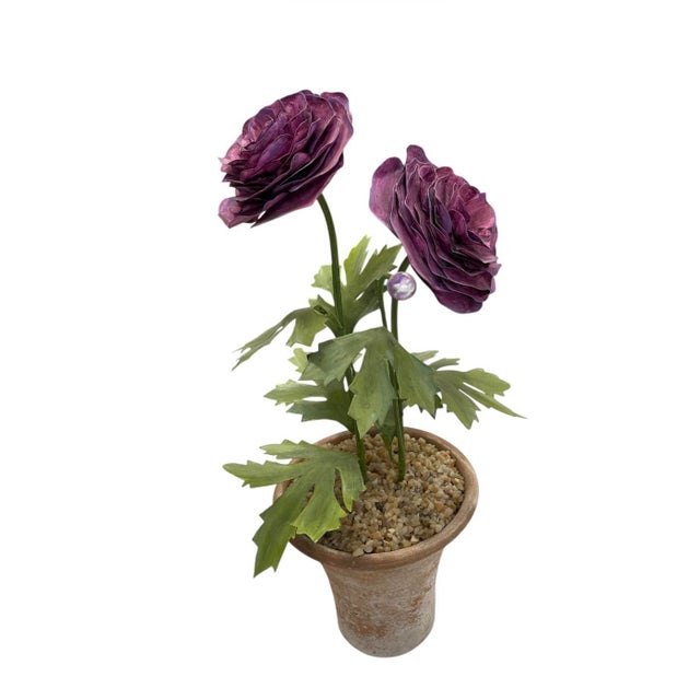 Rustic European Vintage Toleware Purple Ranunculus Topiary Arrangement in Terracotta Pot For Sale - Image 3 of 12