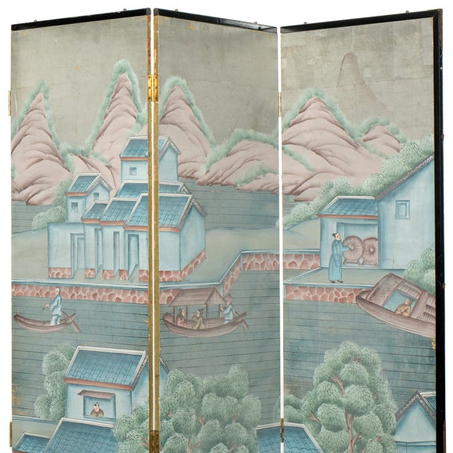 Chinese Antique Chinese Export Six Panel Watercolor Floor Screen, Hand-Painted For Sale - Image 3 of 12