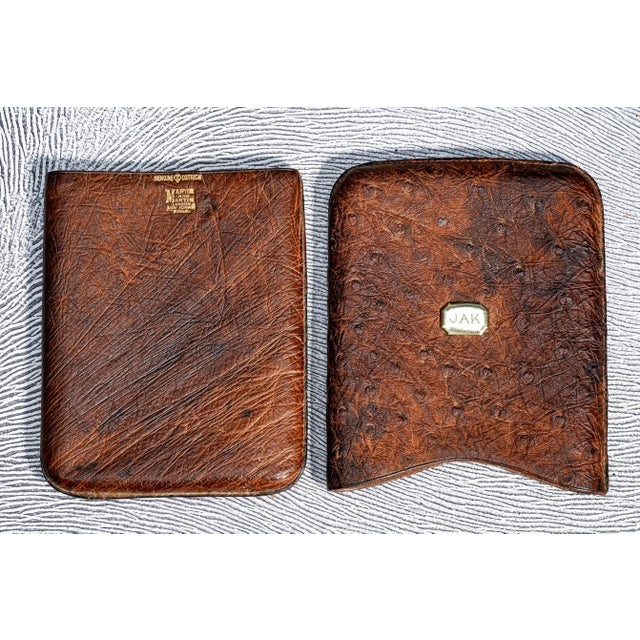 Exotic Ostrich Leather Antique Cigar Case Holder Luxury Art Deco 14k Gold For Sale - Image 10 of 11