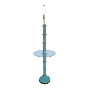 Vintage Serge Roche Minty Blue Green Glazed Ceramic Tall Floral Design Glass Table Floor Lamp