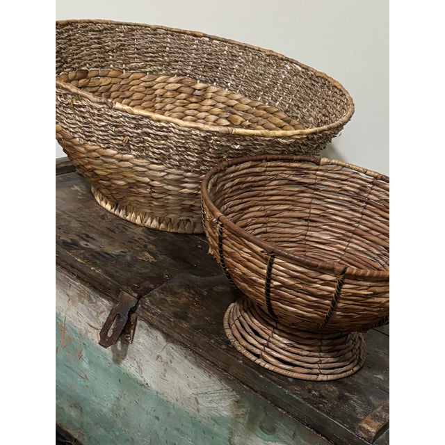 Vintage 2pc Woven Baskets 21” XL Woven & Pedestal For Sale - Image 4 of 9