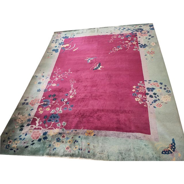1920s Chinese Art Deco Carpet with fuchsia color. ( 9'2" x 11'8" - 280 x 355 ) Wool Antique Purple / Lavender Mauve Floral...