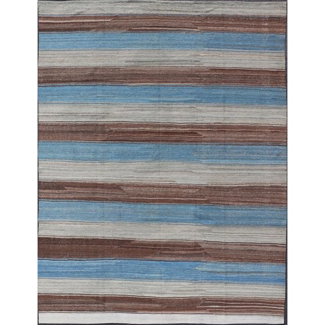 Kilim Rug With Horizontal Stripes in Blue, Brown, and Soft Gray 8'4 X 11'10 For Sale - Image 13 of 13