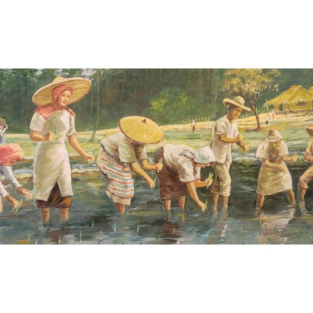 Fernand Amorsolo Student Painting University of the Philippines Under Occupation 1940s Planting Rice With Mayon Volcano For Sale - Image 4 of 10