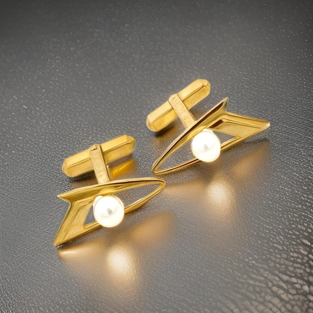 Contemporary 1990s Mikimoto Estate Akoya Pearl Cufflinks Overlay 14k Gold, 2 Pieces For Sale - Image 3 of 11