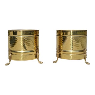 Vintage Regency Hammered Brass Lion Claw Footed Planters- a Pair For Sale