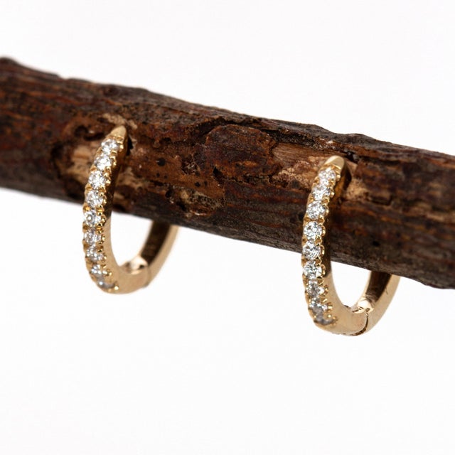 10mm Natural Diamond Huggie Earring in Solid 14k Yellow Gold - Everyday Jewelry, Pair For Sale - Image 4 of 5