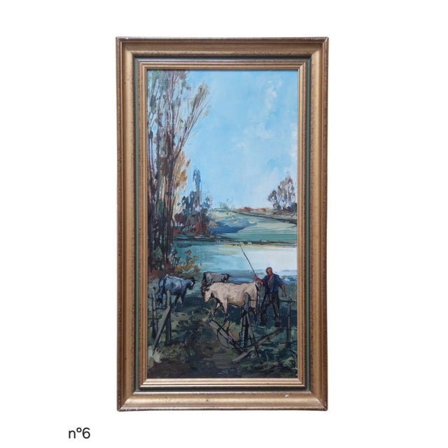 Oil on canvas depicting a rural landscape with a figure tending cattle near a body of water. The composition includes...