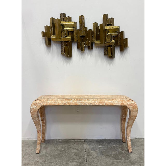 Vintage Maitland Smith Tessellated Stone Console, Cabriolet Legs Offered for sale is a tessellated stone and brass trimmed...