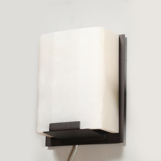 Pair of Modernist Alabaster & Oil-Rubbed Bronze Wall Sconces For Sale - Image 4 of 18