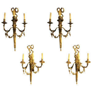 Large Three-Light Torch and Ribbon Form Wall Sconces - Set of 4