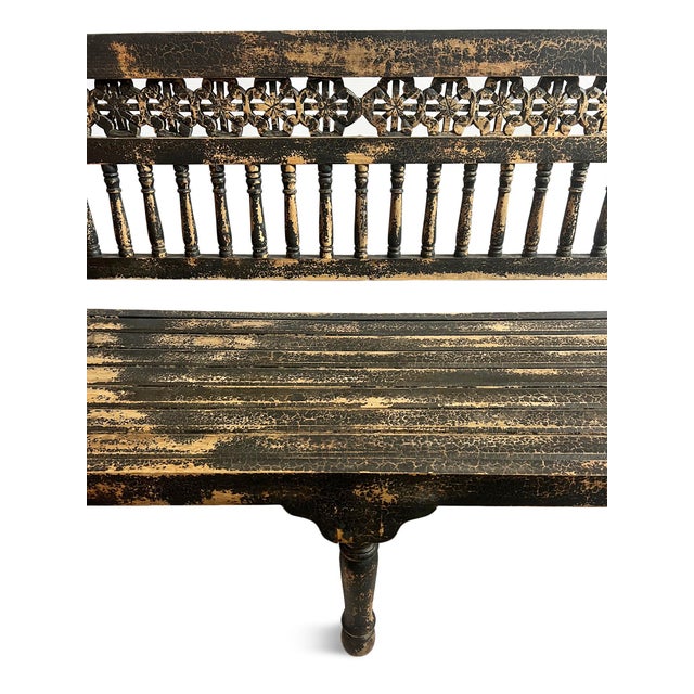Mid 20th Century Vintage Colonial Black Crackle Bench For Sale - Image 5 of 8