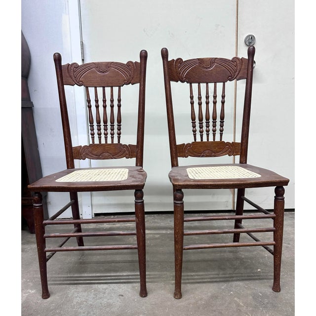 Antique Art Nouveau Oak Chairs With Caned Seats For Sale - Image 4 of 12