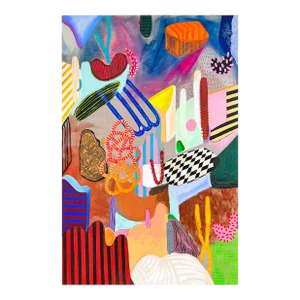 Contemporary Abstract Mixed Media - Acrylic, Oil Pastels, Gouache on Raw Linen Painting "Playful Garden Ii" by Daniela Marin