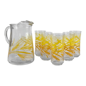 Mid-Century Golden Wheat Pitcher & Drink Glasses - Set of 6