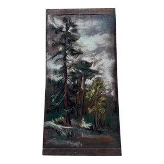 Henry Emil Salloch Original Pastelon Paper Tall Evergreen With Deciduous Trees, 1963. For Sale