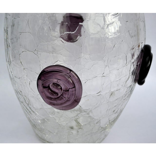 1960s Large Blenko Crackle Art Glass Vase Textured Clear Surface Purple Flowers For Sale - Image 16 of 18