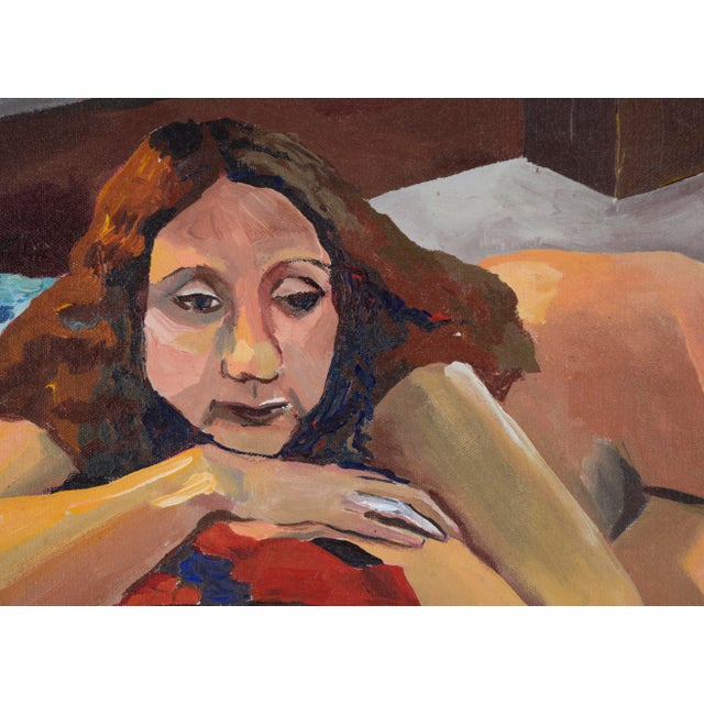 Textile Nude Woman in Bed With Mirror - Figurative Portrait in Oil on Canvas by Patricia Gren Hayes For Sale - Image 7 of 8