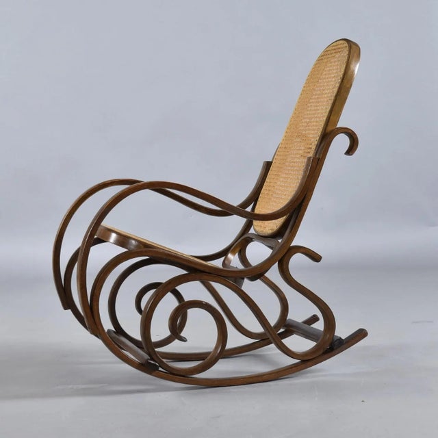 Thonet Vintage 1970s Thonet Style Curved Bentwood Rocking Chair With Caning For Sale - Image 4 of 9