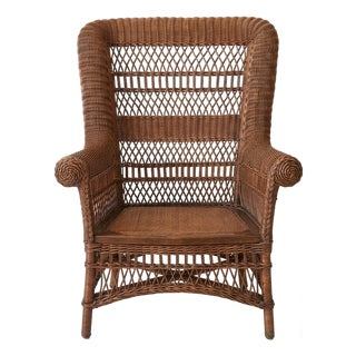 Antique Heywood Brothers Reed & Rattan High-Back Wing Chair For Sale