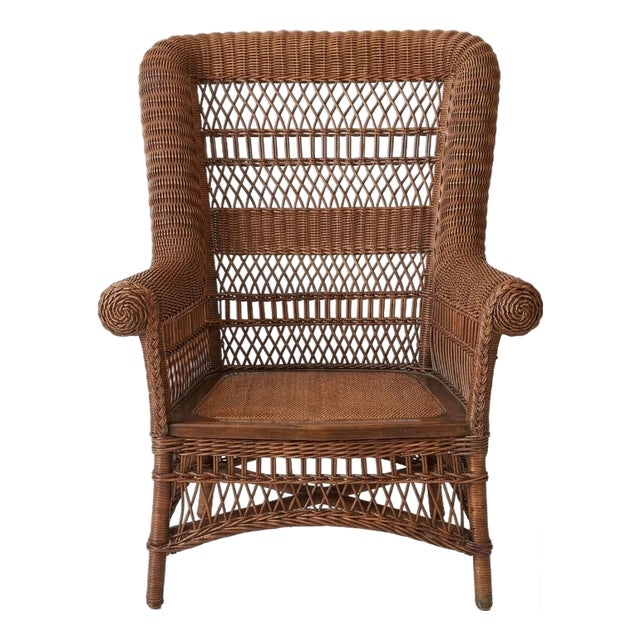 Antique Heywood Brothers Reed & Rattan High-Back Wing Chair For Sale