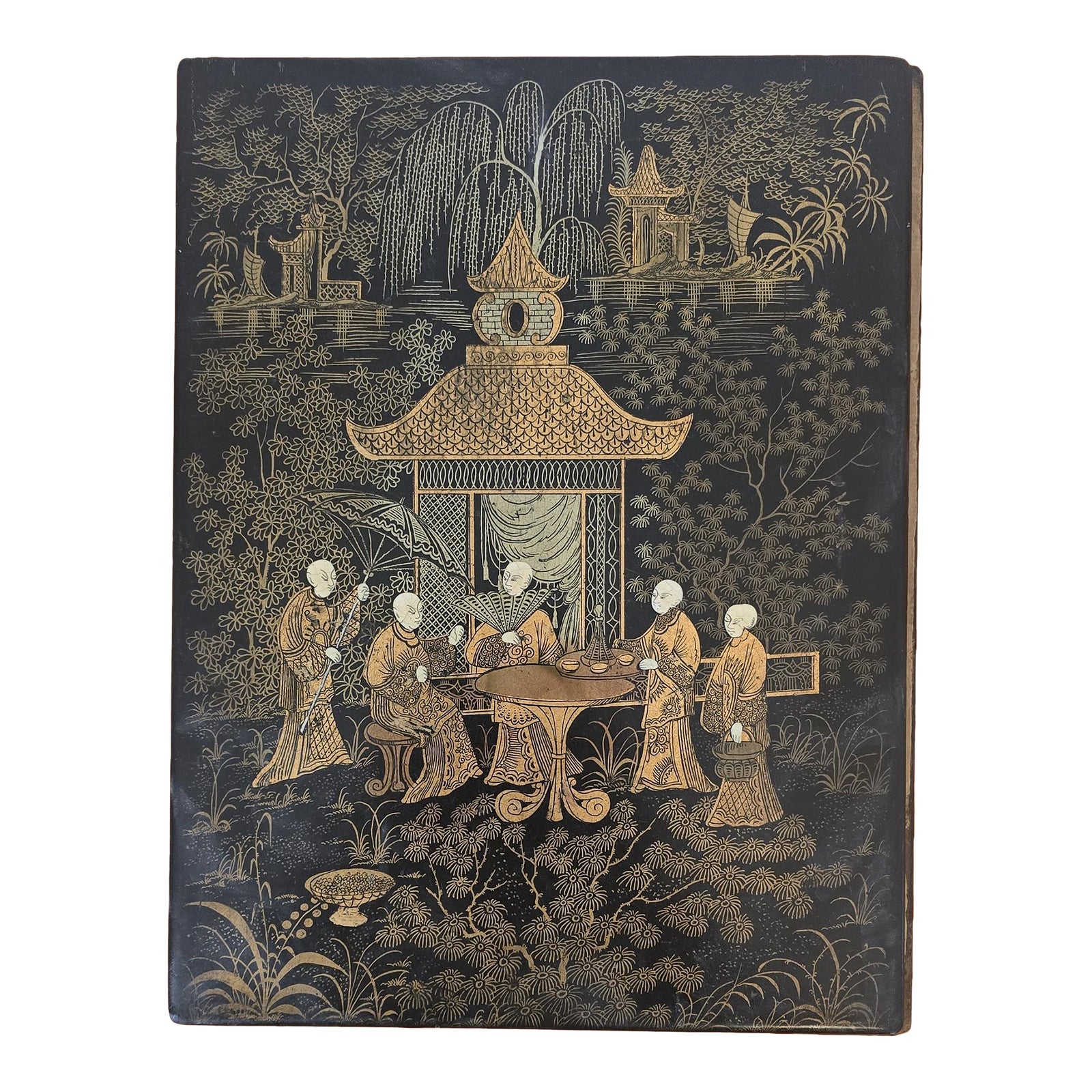 Chinese Black Lacquer Gilt Paper Folder With Garden Scene | Chairish