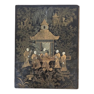 Chinese Black Lacquer Gilt Paper Folder With Garden Scene For Sale