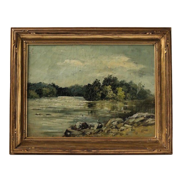 Late 19th Century American School Oil Landscape Painting River Scene For Sale