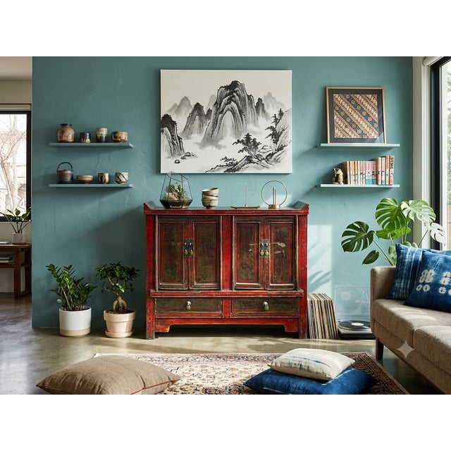Vintage Distressed Brick Red Marks Point Edge Credenza Sideboard Cabinet For Sale - Image 4 of 18