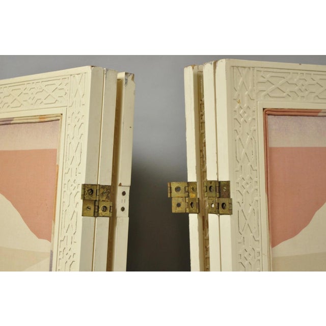 Vintage Oriental Fretwork Bone Lacquer Upholstered 6 Panel Room Divider Screen For Sale - Image 9 of 18