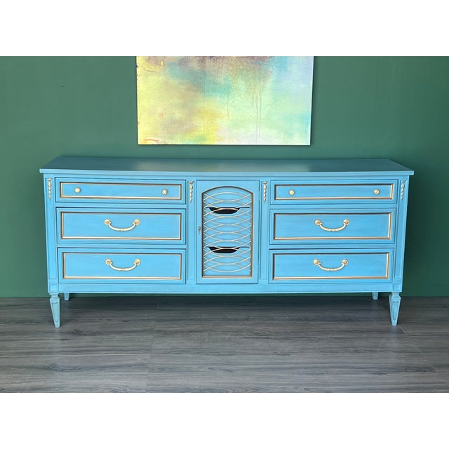 Sky Blue Late 20th Century Mid-Century Neoclassical Style Sky Blue Dresser For Sale - Image 8 of 14