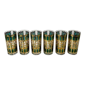 1950s Culver “Emerald Scroll” Barware Set of 6 Tall Drinks Glasses
