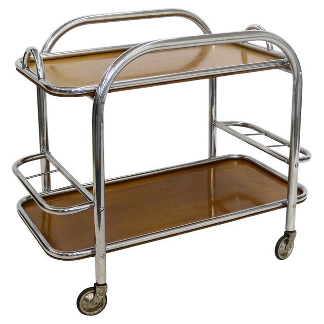 1930s Art Deco Bar Cart Nickel and Wood, Robert Mallet-Stevens For Sale - Image 11 of 18
