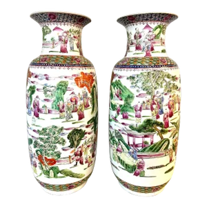 Pair of Tall Chinese Porcelain Famille Rose Tall Urns