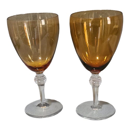 Vintage Pair of Cambridge Arora Amber Water Goblets