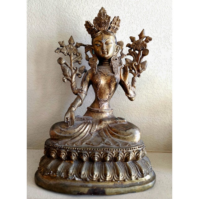 Large Antique Nepali Gilt Bronze Green Tara Sculpture, Late 18th–Early 19th Century For Sale In San Diego - Image 6 of 12