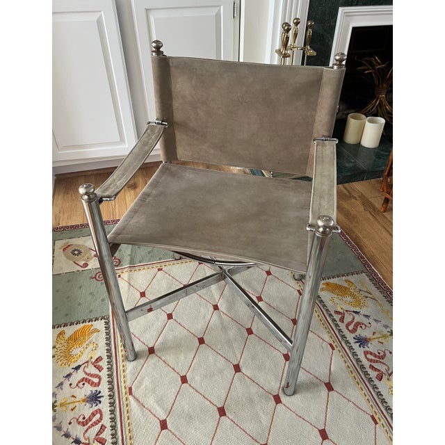 Taupe Vintage Campaign Maison Jansen Style, Pace Director Arm Chair, Suede Leather Chrome and Brass For Sale - Image 8 of 11