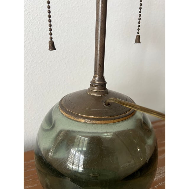 Petite 1930s Art Deco Smoke Blue-Green-Grey Art Glass Table Lamp With Patinated Metal Base For Sale In Los Angeles - Image 6 of 11